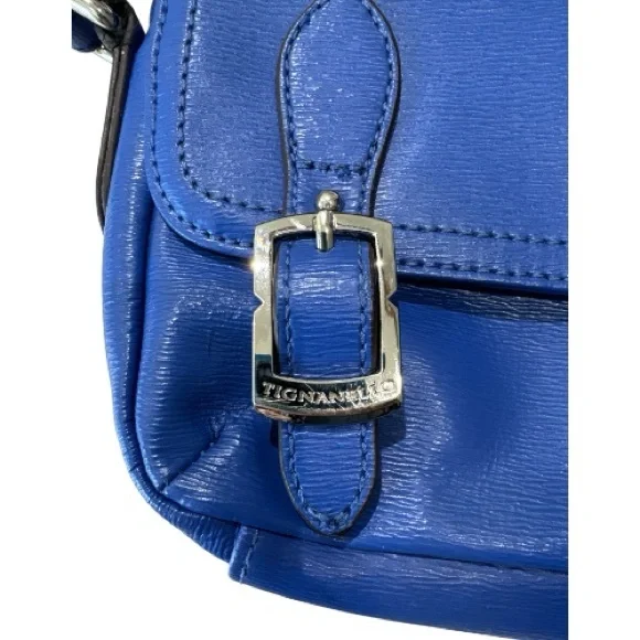 Tignanello Leather Crossbody Bag Blue Adjustable Strap Colorful Striped Lining - Picture 10 of 15
